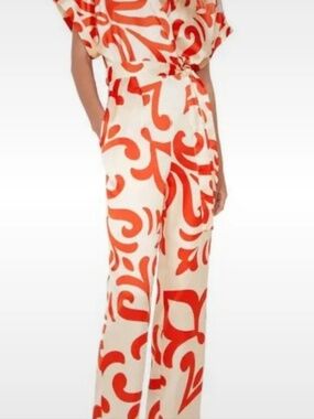 Mango MNG Red & Cream Abstract Print Wrap Jumpsuit